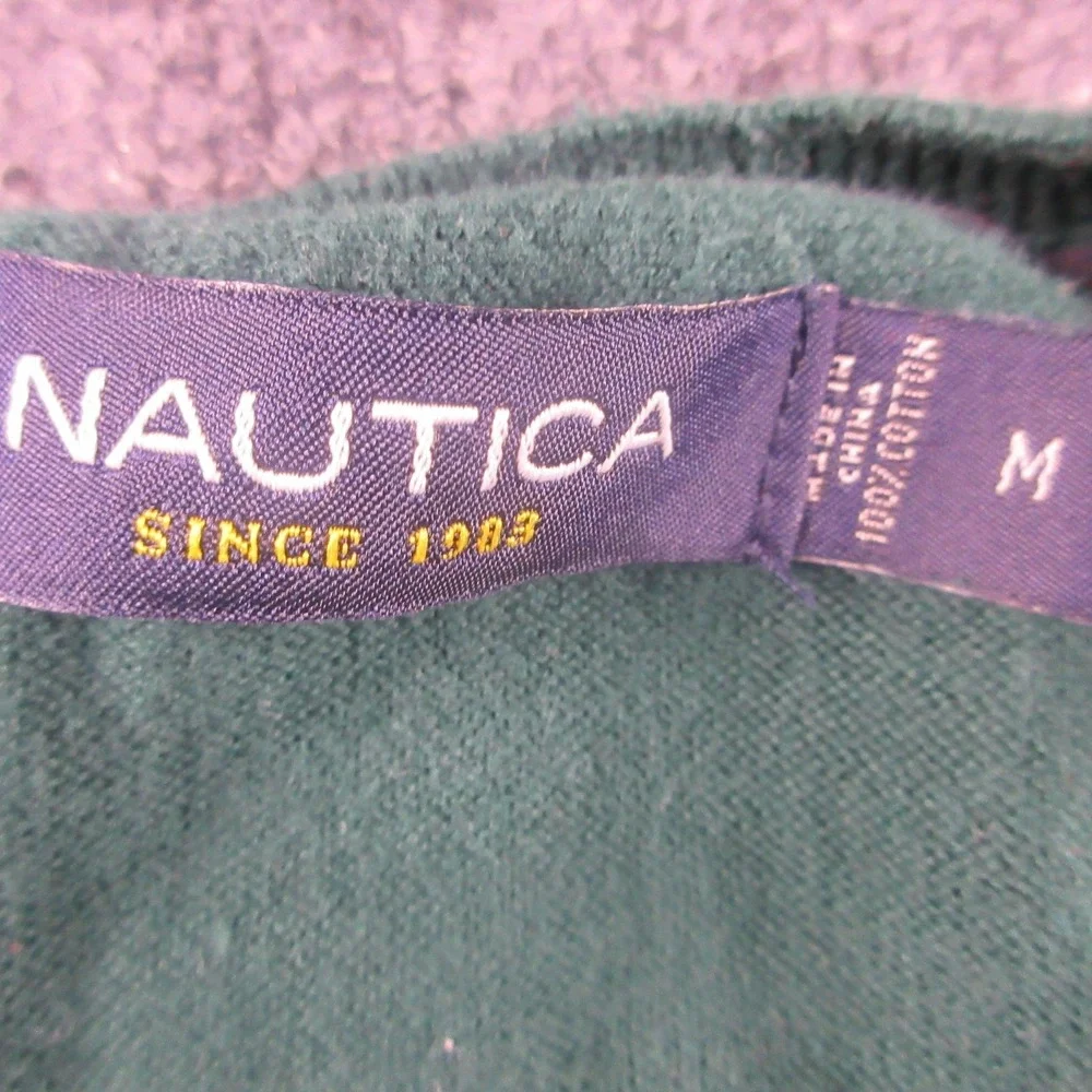 Nautica Sweater‎ Mens Medium Green 100% Cotton V Neck Logo Pullover Knit Classic